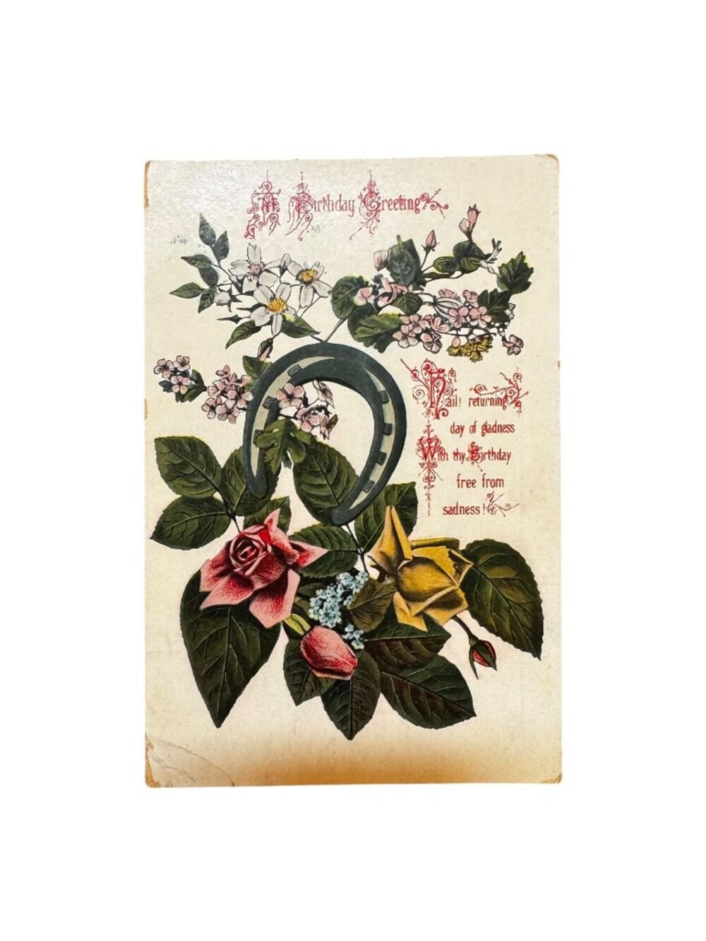 Antique Birthday Postcard Horseshoe & Floral Design Germany Theochrom No. 1106